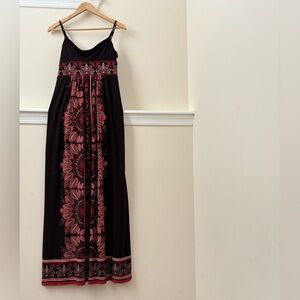 Ladies Brown and Red, Spaghetti Strap Maxi Dress With Bohemian Tribal Print